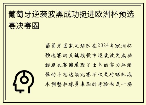 葡萄牙逆袭波黑成功挺进欧洲杯预选赛决赛圈